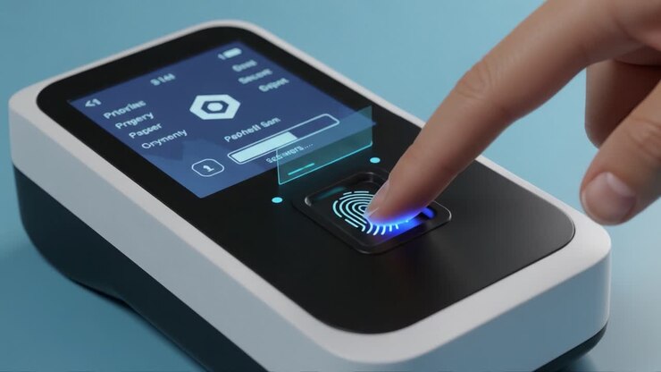 Un primo piano di una moderna interfaccia di scanner biometrico di impronte digitali che mostra le funzionalità di sicurezza e l'interazione dell'utente con la tecnologia touchscreen.