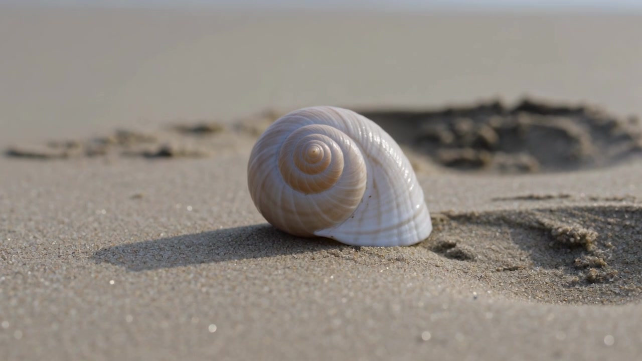 Catching shifting sunlight and focus pull, single spiral seashell showing glossy ridges on wet sand