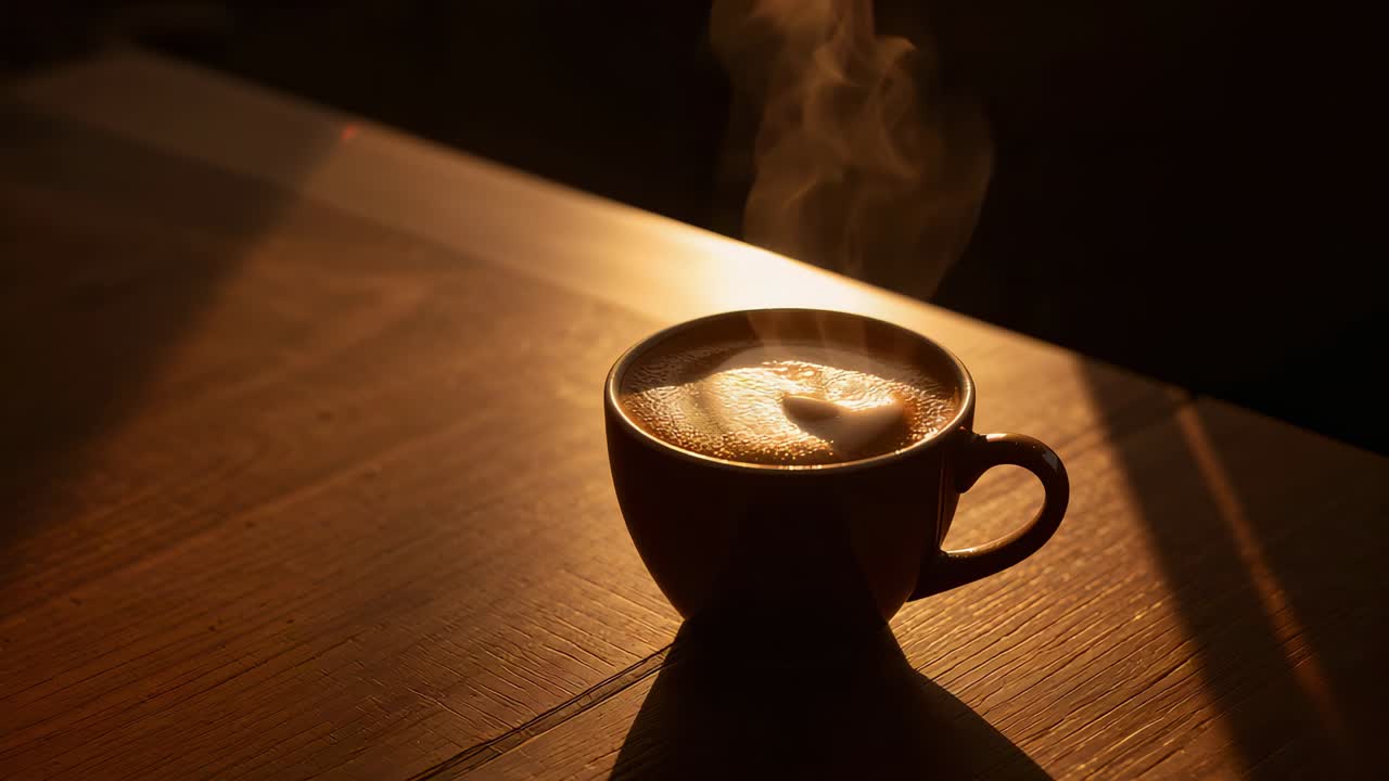 Releasing curling steam from hot coffee, ceramic cup with crema on wooden tabletop, copy space