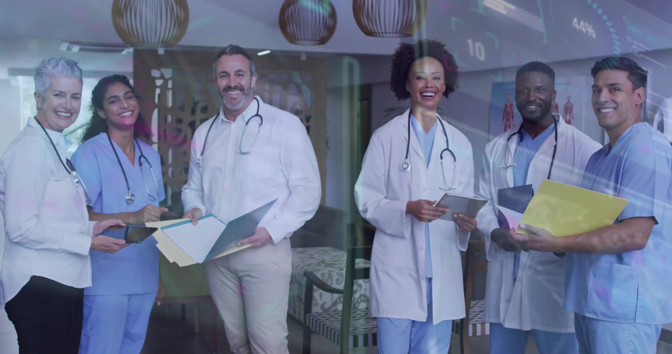 Medical team exchanging folders and tablets driving transparent chart overlay showing patient data