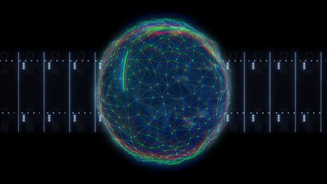 animation of globe and network of connections over computer servers