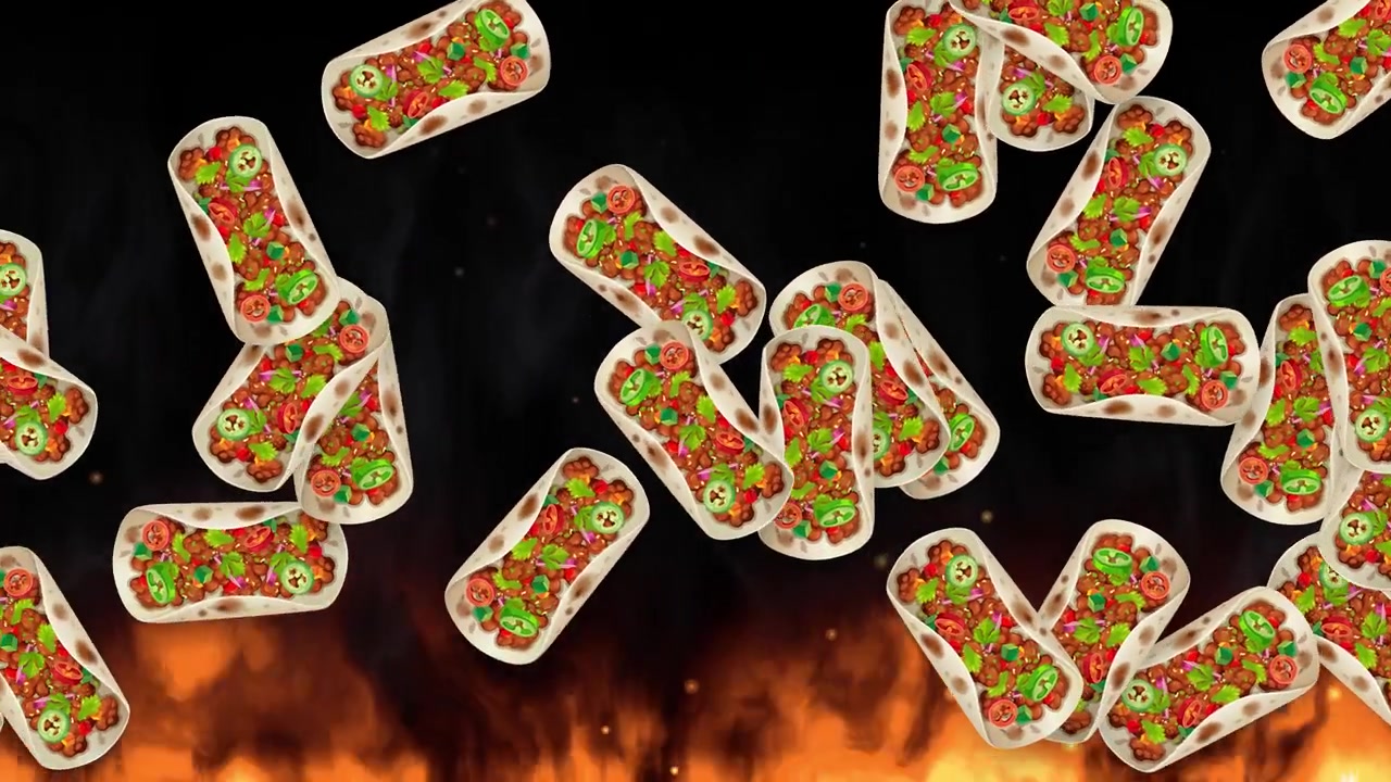 Stærke tacos regner ned mod en mørk baggrund med realistiske flammer og opstigende røg