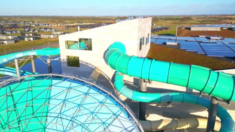 drone shot waterslide at theme park in denmark