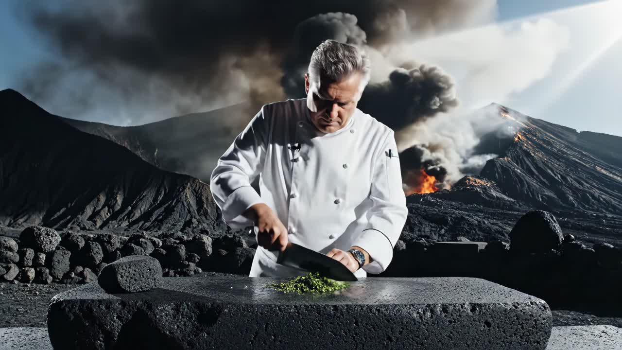 Chef preparing a meal in front of a volcano