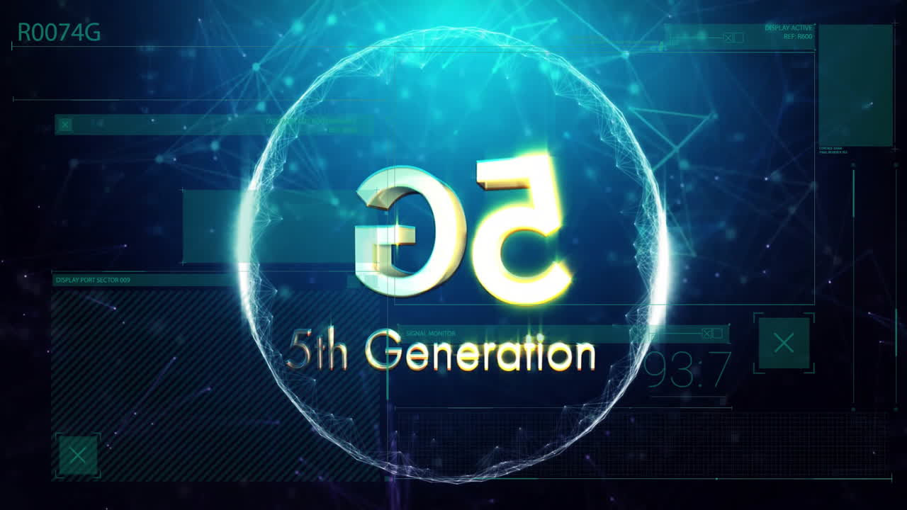 Animation of 5g text over data processing and shapes