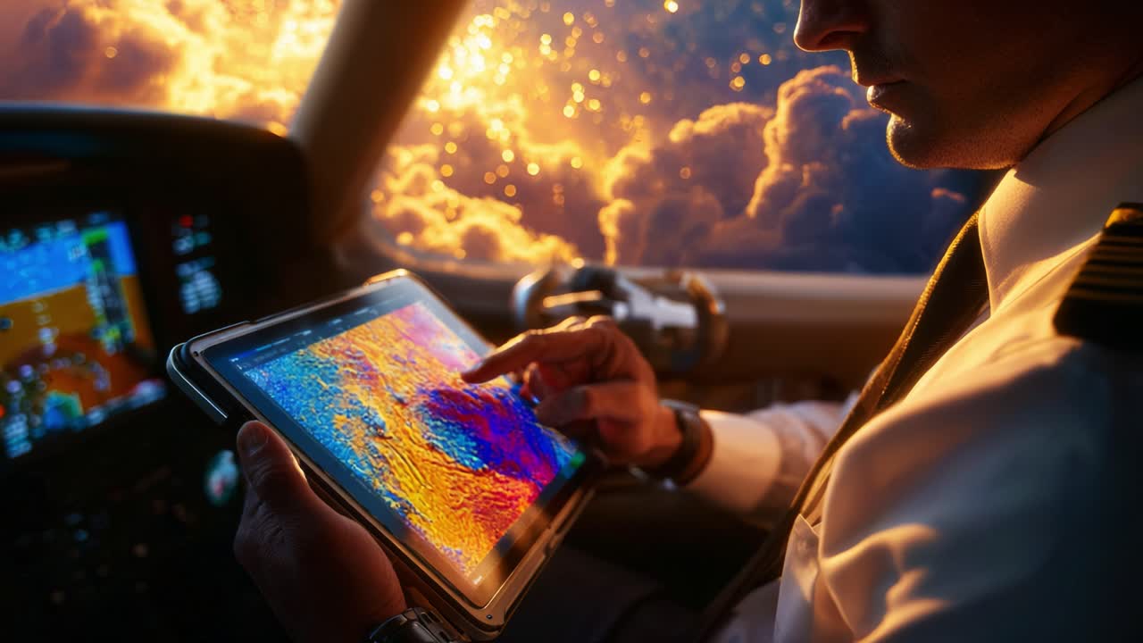Ein Pilot, der Flugdaten auf einem Tablet inmitten eines dramatischen Sonnenuntergangs im Cockpit analysiert und fortschrittliche Technologie für Navigation und Präzision in der Luftfahrt präsentiert