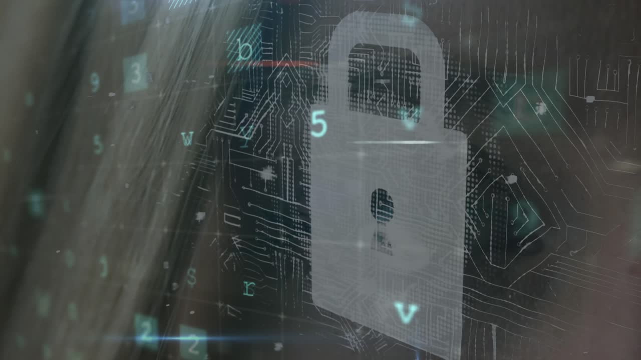 animación del candado de seguridad sobre el procesamiento de datos en fondo oscuro