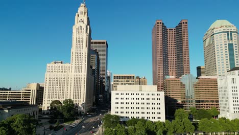 Cityscape-Aerial-Pan-of-Buildings-Down-to-Street-With-Bus---Columbus,-Ohio