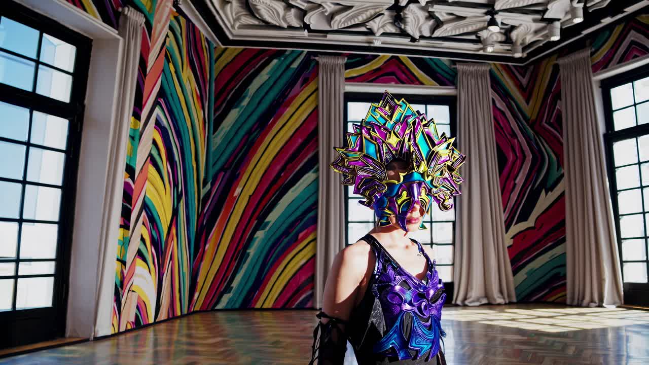 다채로운 마스크와 의상을 입은 사람