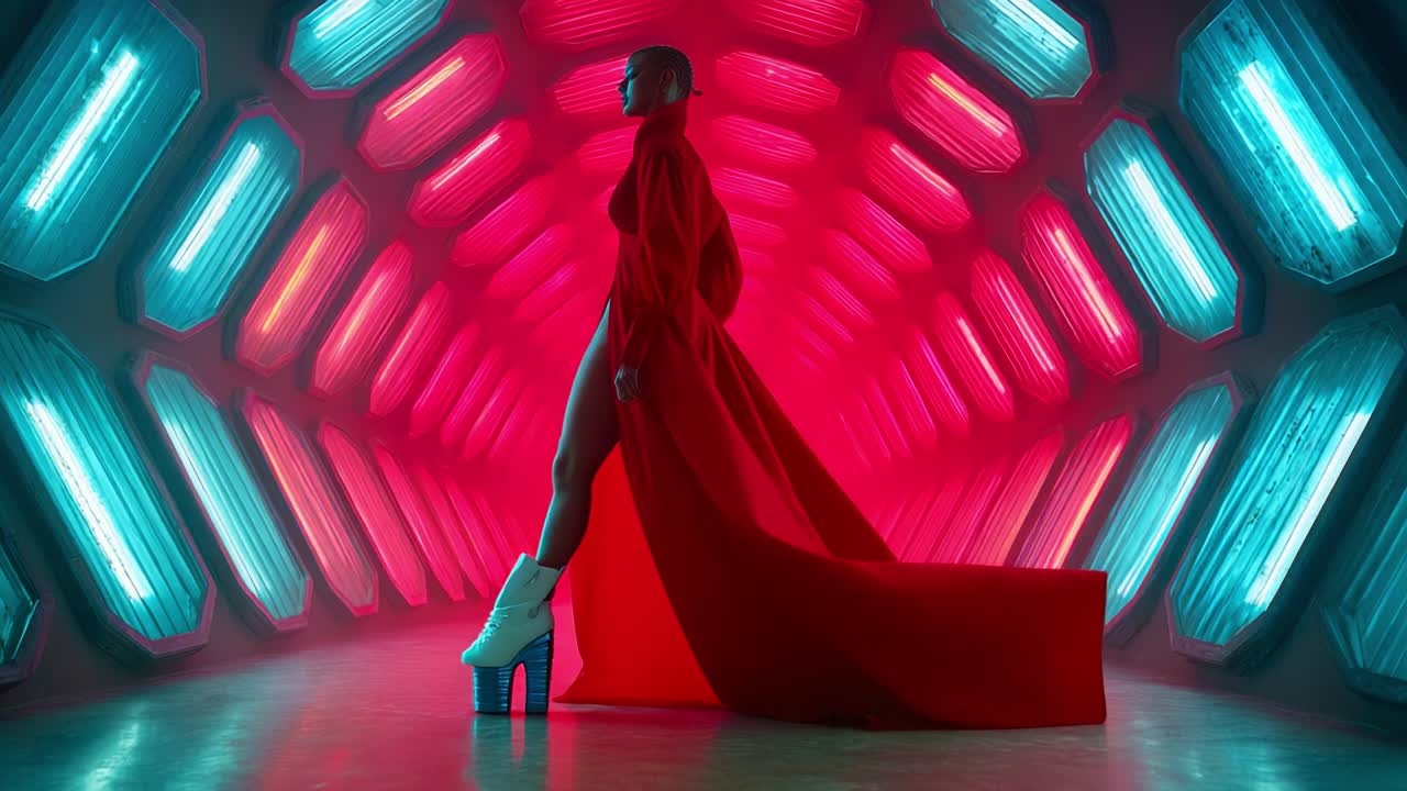 Una figura imponente camina con seguridad por un pasillo futurista, iluminado por luces azules y rojas vibrantes, mostrando una estética vanguardista con una llamativa túnica roja y botas de tacón alto.