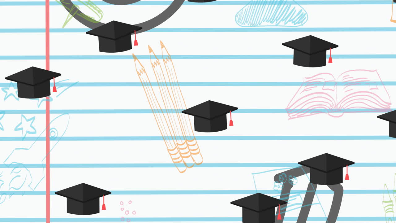 Animation af ikoner med skoleartikler, der bevæger sig på en hvid baggrund