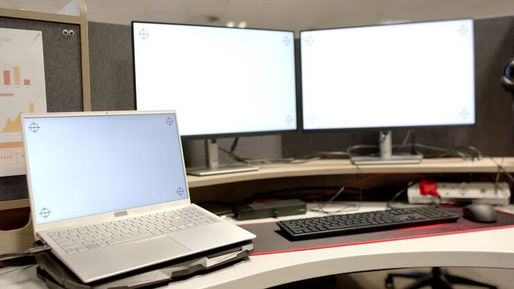 General view of laptop and computers with blank screens in office, slow motion