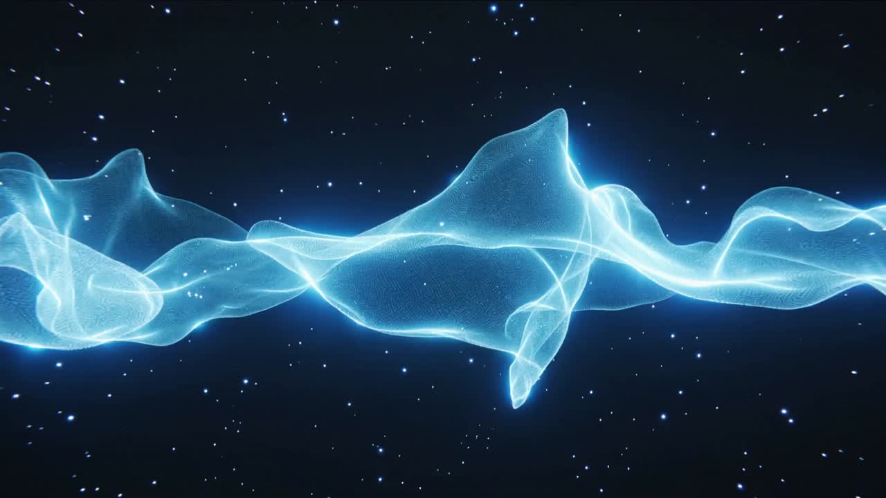 Emerging translucent blue ribbon undulating across cosmic deep space, with twinkling star particles