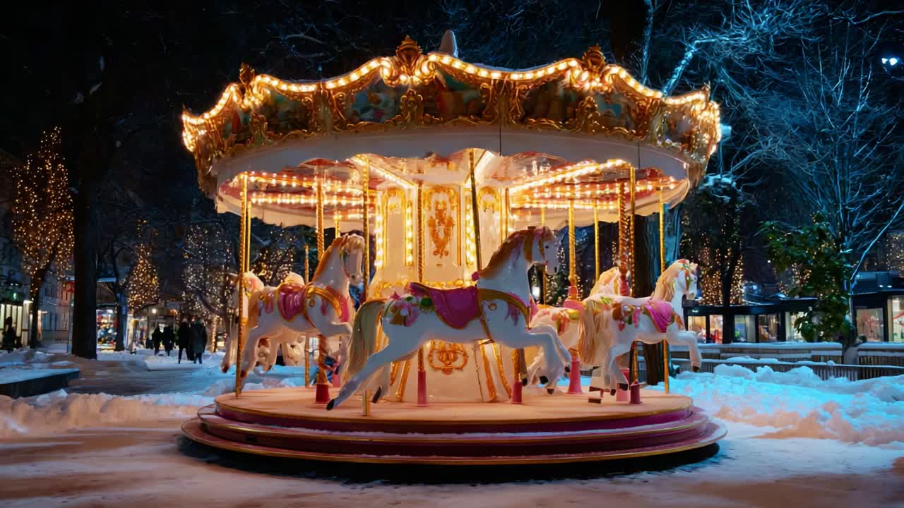 A beautifully illuminated carousel featuring enchanting white horses set against a wintery backdrop, capturing the magical essence of festive nights and joyful moments in a serene snowy setting