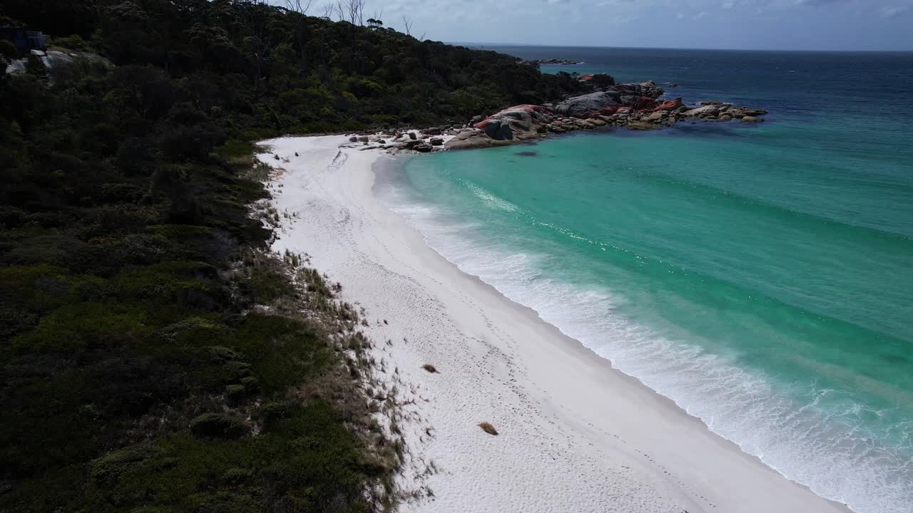 White Sandy Shore Of Jeanneret Beach In Tasmania, Australia - Drone Shot