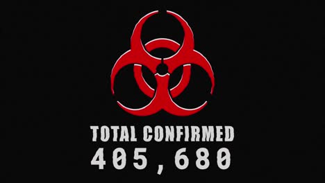 Animation-of-a-red-health-hazard-sign-with-a-word-Total-Confirmed-on-black-background.-