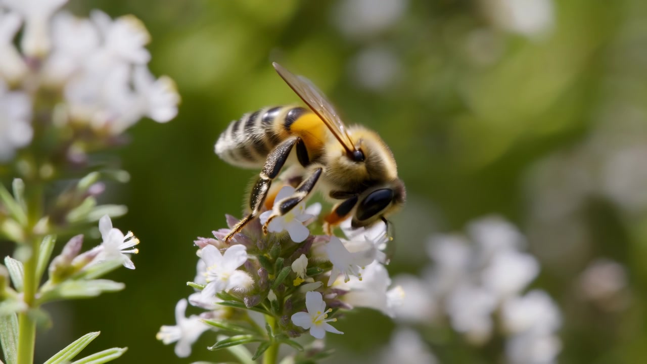 Nahaufnahme einer Biene, die sich von kleinen weißen Blüten ernährt, umgeben von einem sanften grünen Unschärfebereich und natürlichem Tageslicht, das die zarten Blütenblätter und den Pollen hervorhebt.