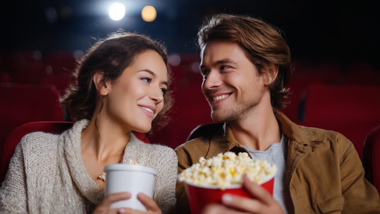 Un couple apprécie un rendez-vous au cinéma dans une salle confortable, partageant du pop-corn et des boissons avec des sourires joyeux, créant des moments mémorables ensemble dans l’expérience cinématographique