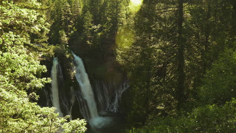 Rainforest-with-waterfall-landscape-in-the-distance,-river-flowing-down-to-the-pool,-wide-shot