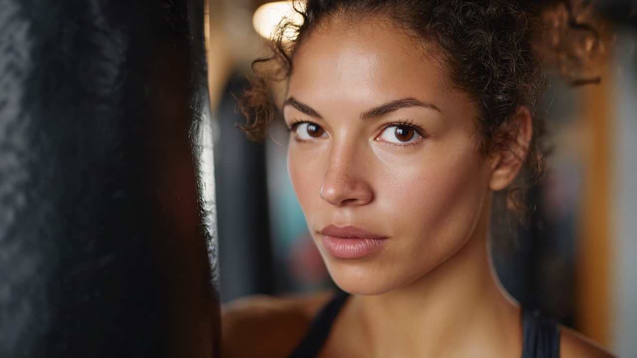 Focused Athlete Portrait: Capturing the Determination and Strength of a Woman in a Gym Environment with Intense Expression Against a Boxing Bag Background