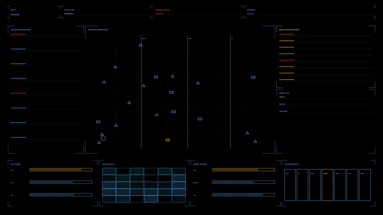 Military targeting HUD for war documentary graphics, dark tactical tracking interface with blue yellow symbols, status panels, and data bars. Animation loops seamlessly for defense news edits