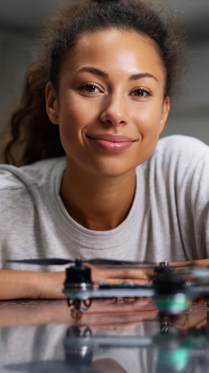 A young woman smiles confidently while leaning over a drone, showcasing her passion for technology and innovation in a modern setting with focused determination