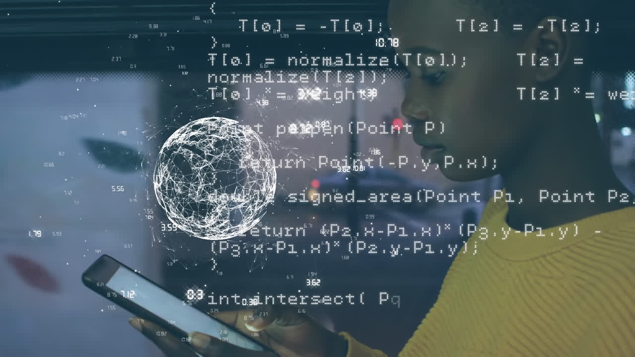 animación de procesamiento de datos y globo sobre mujer afroamericana usando teléfono inteligente