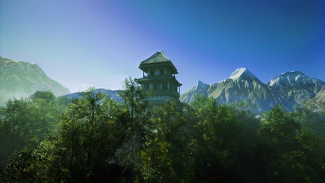 scenic view of a traditional tower nestled among lush green trees