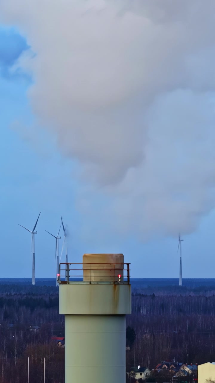 Industrieschornstein stößt Dampf aus, im Kontrast zu modernen Windkraftanlagen