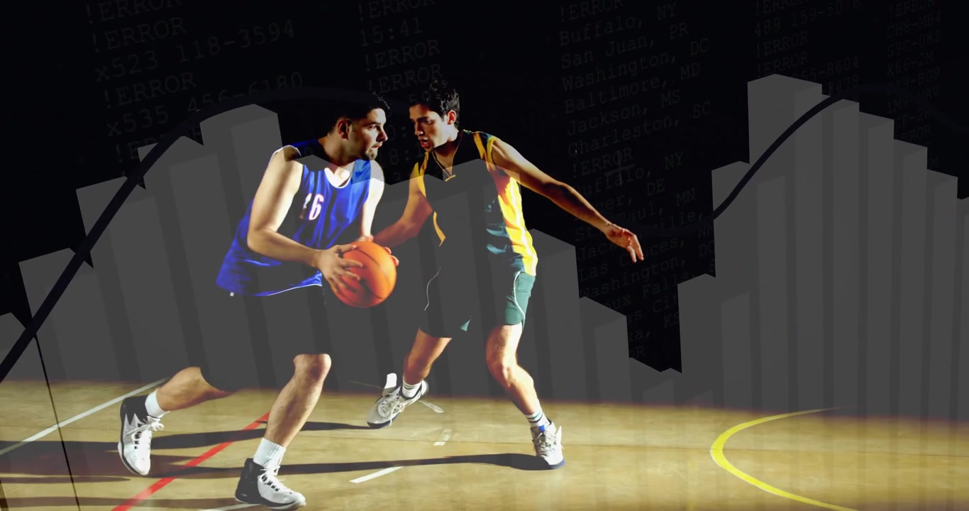 Un giocatore di basket palleggia, incrocia e si dirige verso il canestro per segnare, con barre animate e una linea ondulata che si fondono.