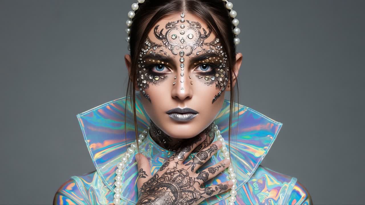 A stunning model showcasing intricate face art, striking makeup, and a futuristic outfit reflecting light with pearl accents, creating an ethereal fashion statement