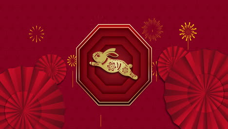 animación de decoraciones tradicionales chinas con conejo en fondo rojo.