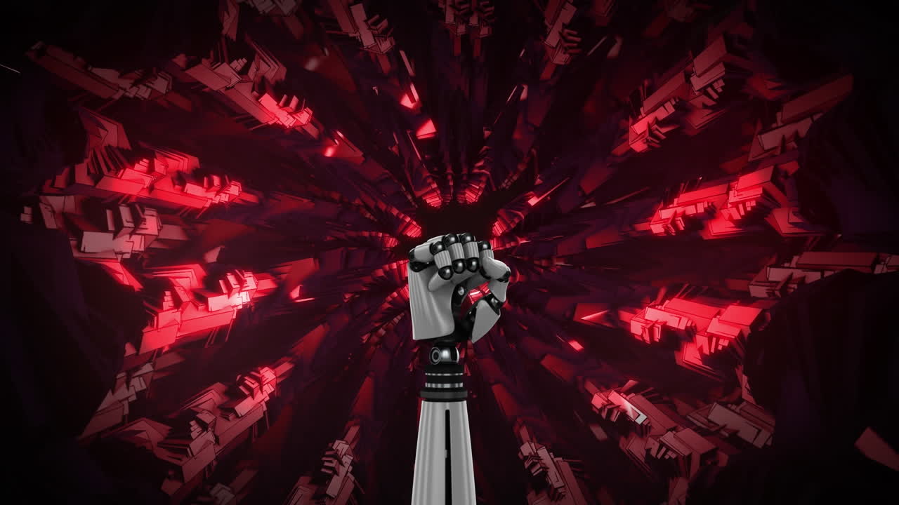 검은색 배경에 빨간색 칼레도스코프 모양 위에 회전하는 로 팔의 애니메이션