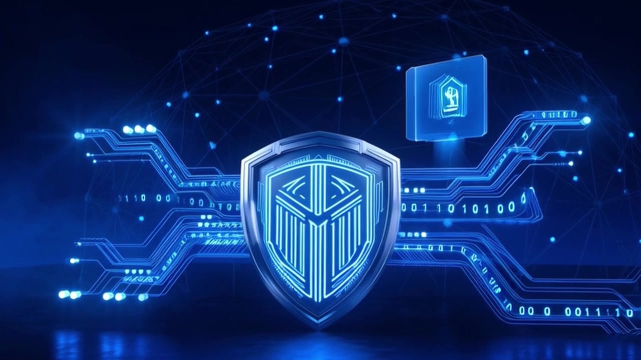 Digital Cybersecurity Shield with Data Network and Binary Code