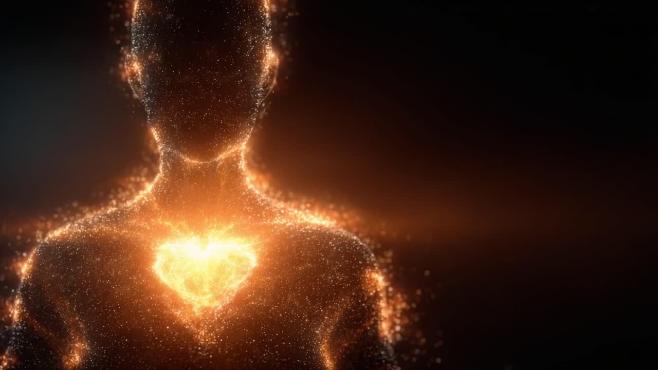 Una rappresentazione luminosa dell'umanità: una figura scintillante con un cuore di luce, che simboleggia emozione, connessione ed essenza spirituale su uno sfondo oscurato