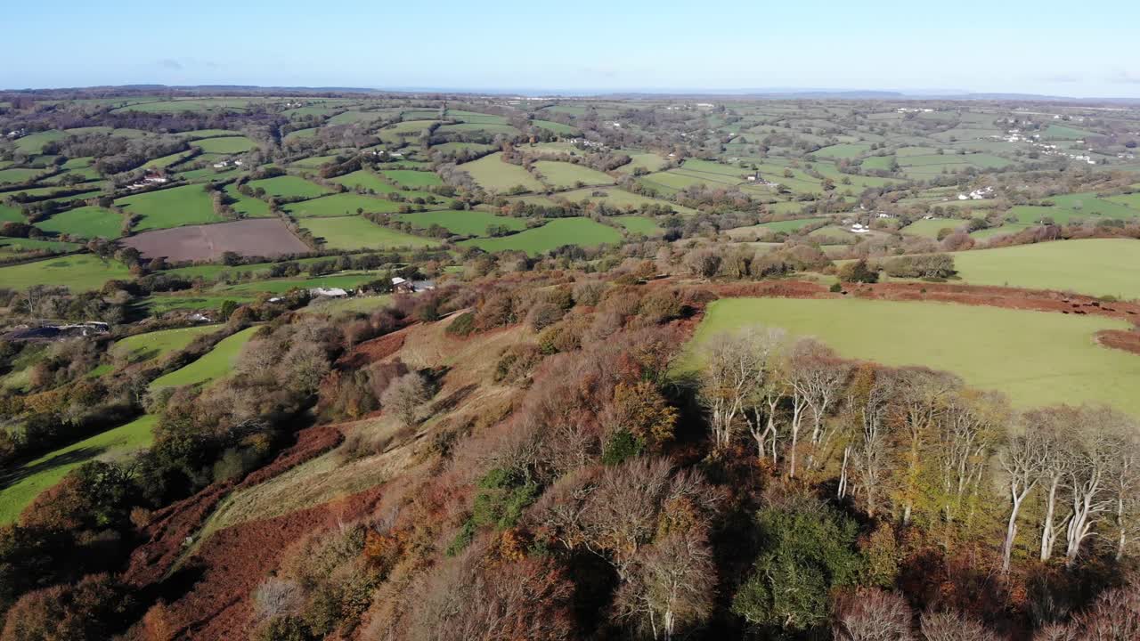 Ripresa aerea panoramica a sinistra della splendida campagna dell'East Devon con vista su Dumpdon Hill nelle Blackdown Hills, Inghilterra