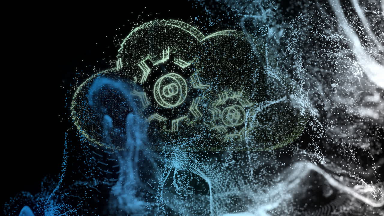 Animation of swirling data particles and digital gears representing cloud computing