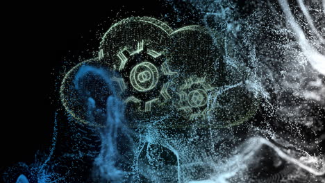 animation of swirling data particles and digital gears representing cloud computing