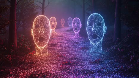 a mystical pathway of illuminated faces: ethereal figures emerge amidst a glittering forest landscape filled with enigmatic energy and surreal vibes
