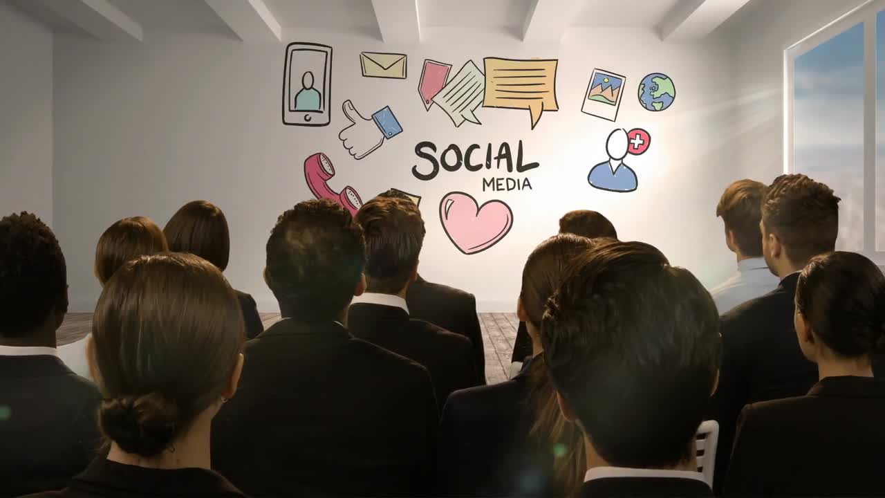 소셜 미디어를 보여주는 디지털 화면을 보는 사업가들