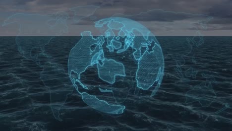 animation of globe spinning and data processing over sea