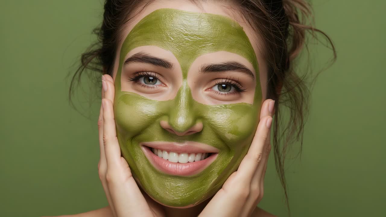 Avvio della camera, donna a spalle scoperte che mostra una maschera verde in studio, con le mani che incorniciano il viso