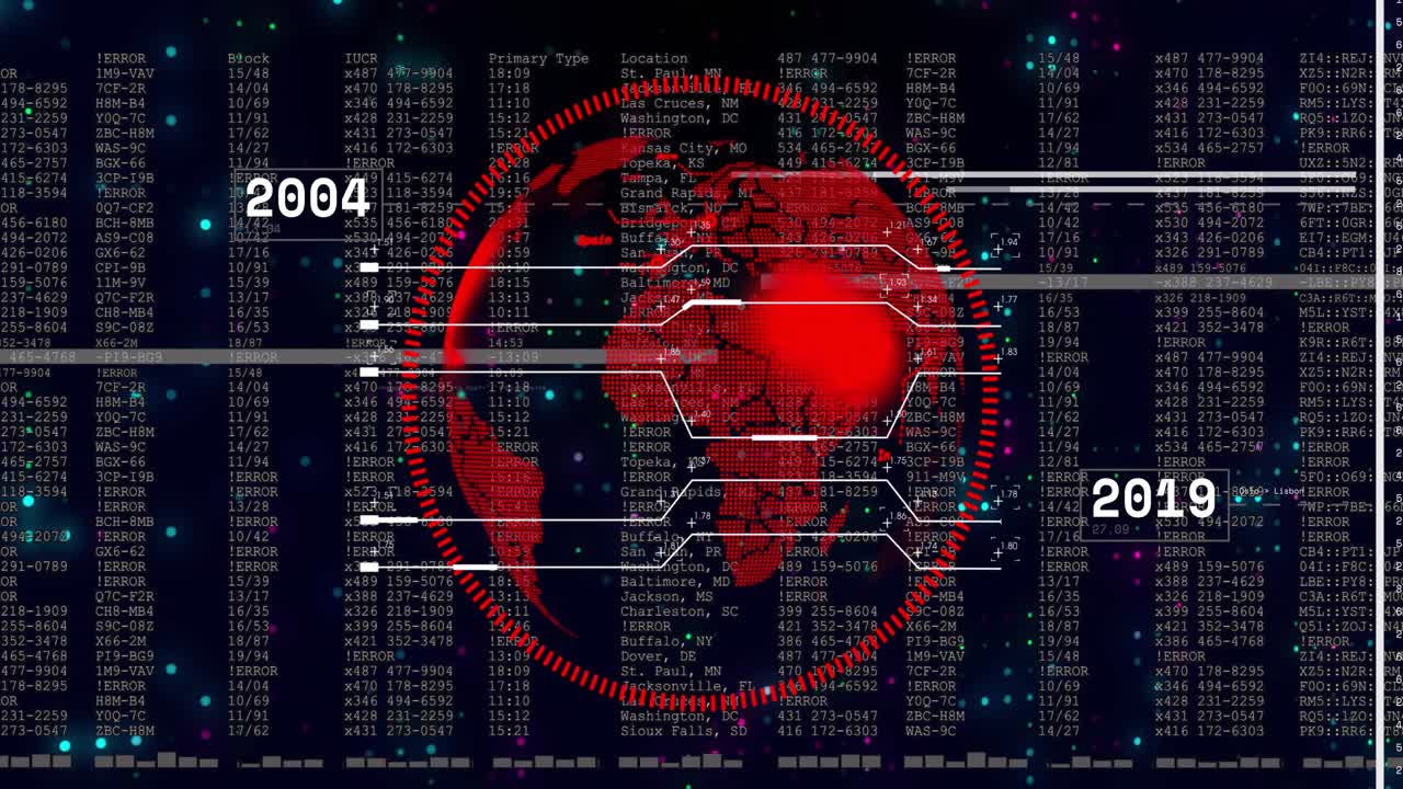 Year label appearing, red globe rotating, links extending to cities, visualizing data timeline