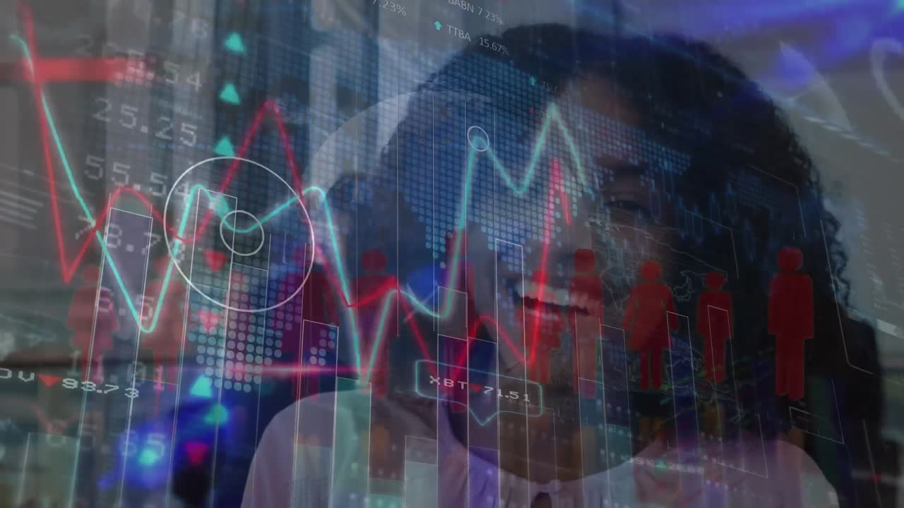 Animation of digital graphs moving, numbers changing over portrait of african american happy woman