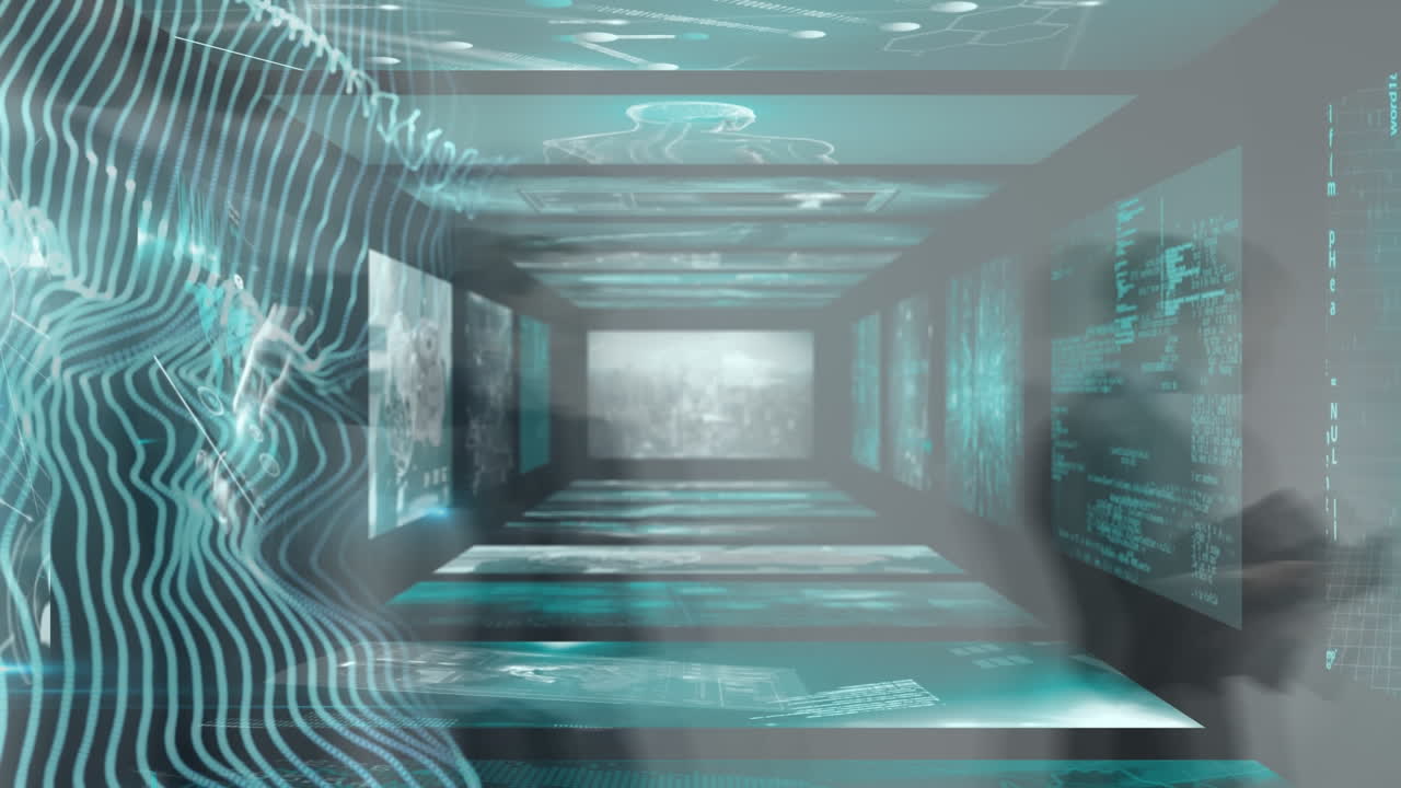 빠른 동작으로 걸어가는 보행자 위의 화면에서 데이터 처리의 애니메이션