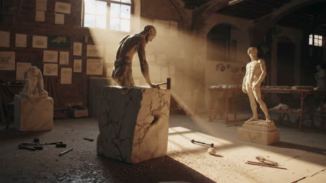 sculptor at work in a renaissance-style studio