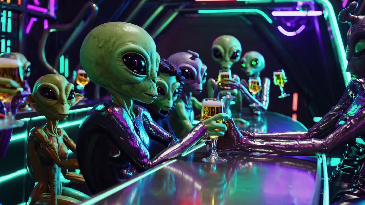 Aliens Celebrating at a Futuristic Bar