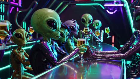 aliens celebrating at a futuristic bar