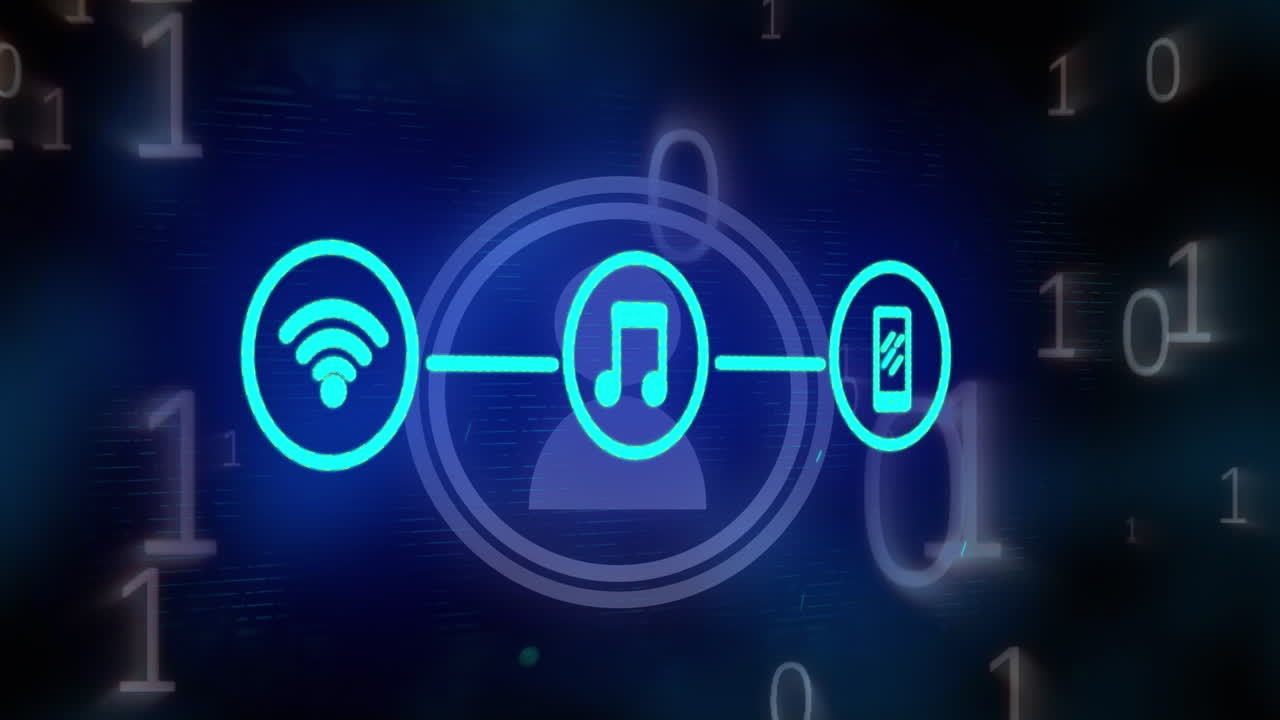 animação de rede de ícones digitais e ícones de perfil sobre codificação binária contra fundo azul