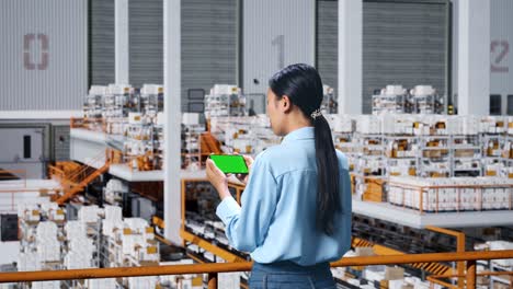 back view of asian business woman using mobile phone with green screen mock up display in the warehouse